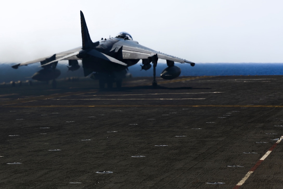 An AV-8B Harrier II with 22nd Marine Expeditionary Unit (MEU), takes off from the flight deck of the amphibious assault ship USS Wasp (LHD 1) on Aug. 1, 2016. 22nd MEU, embarked on the Wasp is conducting precision air strikes in support of the Libyan Government of National Accord-aligned forces against Daesh targets in Sirte, Libya as part of Operation Odyssey Lightning.