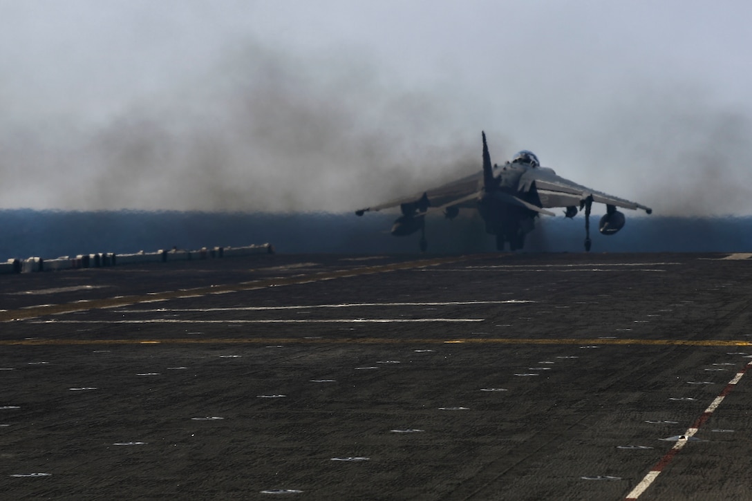 An AV-8B Harrier II with 22nd Marine Expeditionary Unit (MEU), takes off from the flight deck of the amphibious assault ship USS Wasp (LHD 1) on Aug. 1, 2016. 22nd MEU, embarked on the Wasp is conducting precision air strikes in support of the Libyan Government of National Accord-aligned forces against Daesh targets in Sirte, Libya as part of Operation Odyssey Lightning.