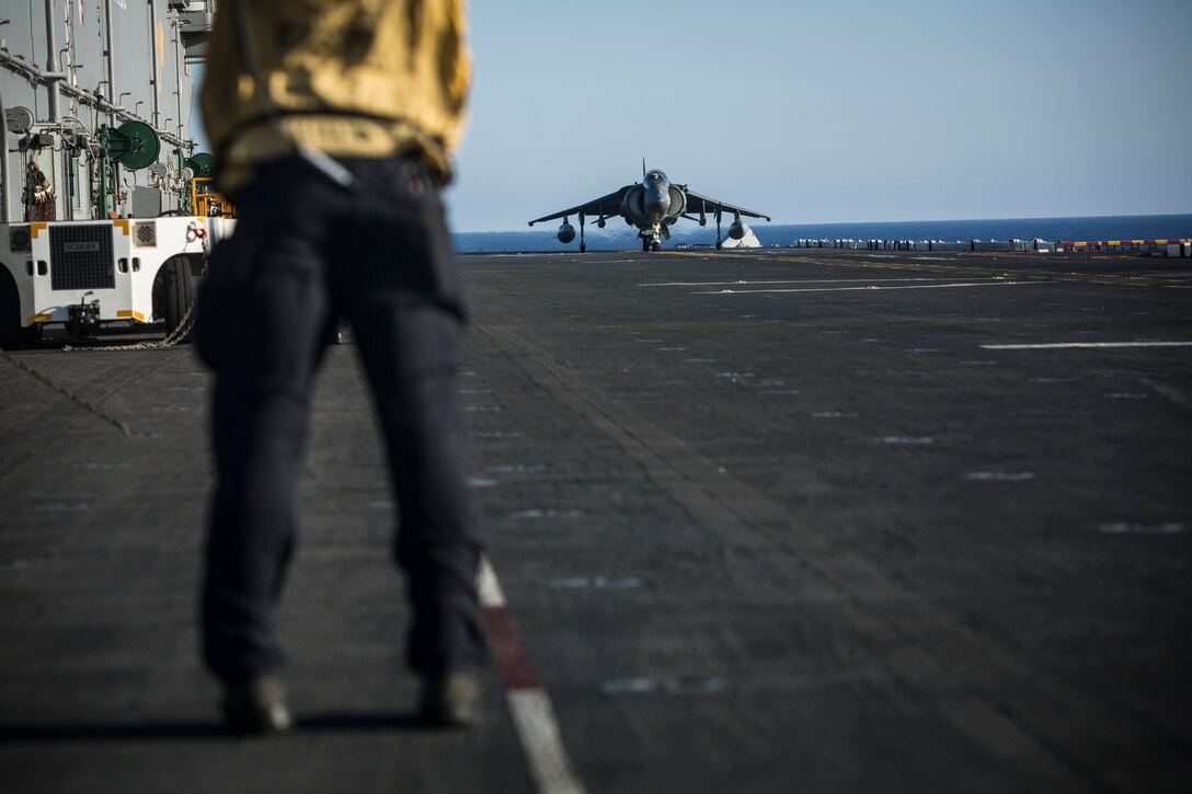 An AV-8B Harrier II with 22nd Marine Expeditionary Unit (MEU), launches from the flight deck of the amphibious assault ship USS Wasp (LHD 1) Aug. 1, 2016. 22nd MEU, embarked on the Wasp is conducting precision air strikes in support of the Libyan Government of National Accord-aligned forces against Daesh targets in Sirte, Libya as part of Operation Odyssey Lightning.