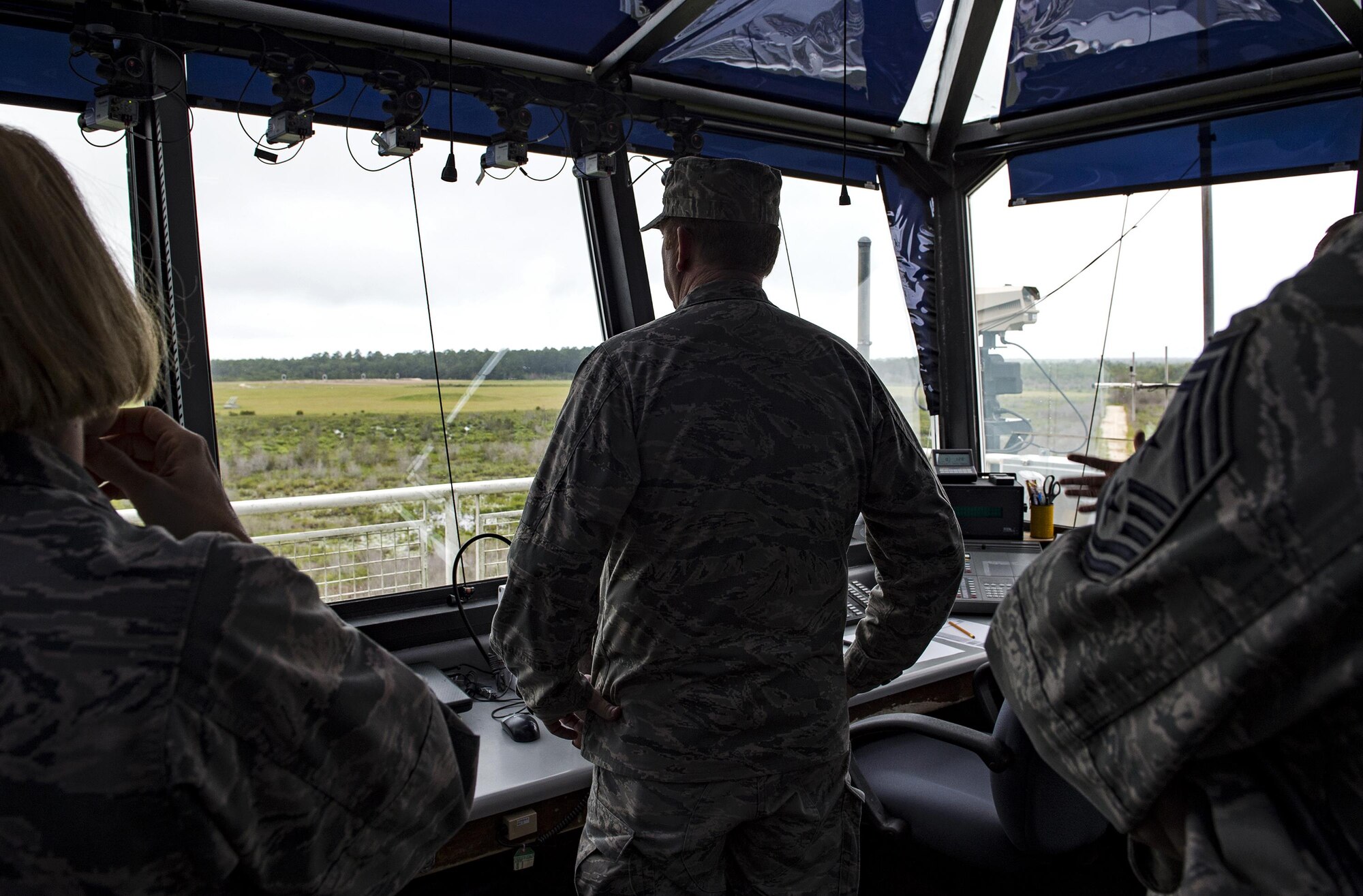 U.S. Air Force Maj. Gen. Richard Scobee, 10th Air Force commander, views Grand Bay Range, Aug. 6, 2016, at Moody Air Force Base, Ga. Grand Bay Range and its surrounding airspace is routinely used by the 476th Fighter Group for tactical air and ground maneuvers and weapons training. (U.S. Air Force photo by Airman 1st Class Janiqua P. Robinson)