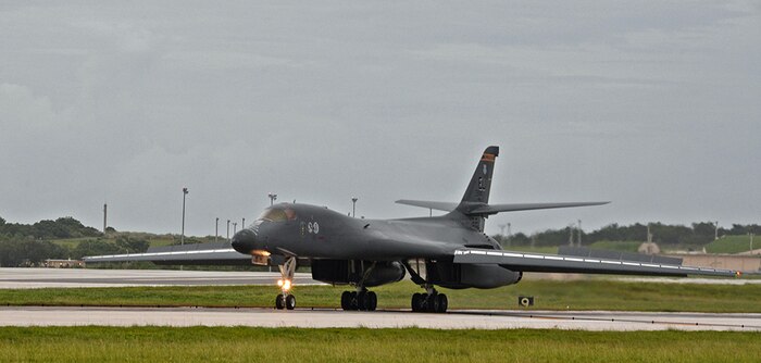 A B-1B Lancer assigned to the 34th Expeditionary Bomb Squadron, deployed from Ellsworth Air Force Base, S.D., lands Aug. 6, 2016, at Andersen AFB, Guam. The B-1s last participated in the U.S. Pacific Command’s Continuous Bomber Presence mission approximately 10 years ago and are returning to support USPACOM in conducting routine, strategic deterrence and regional training missions. 