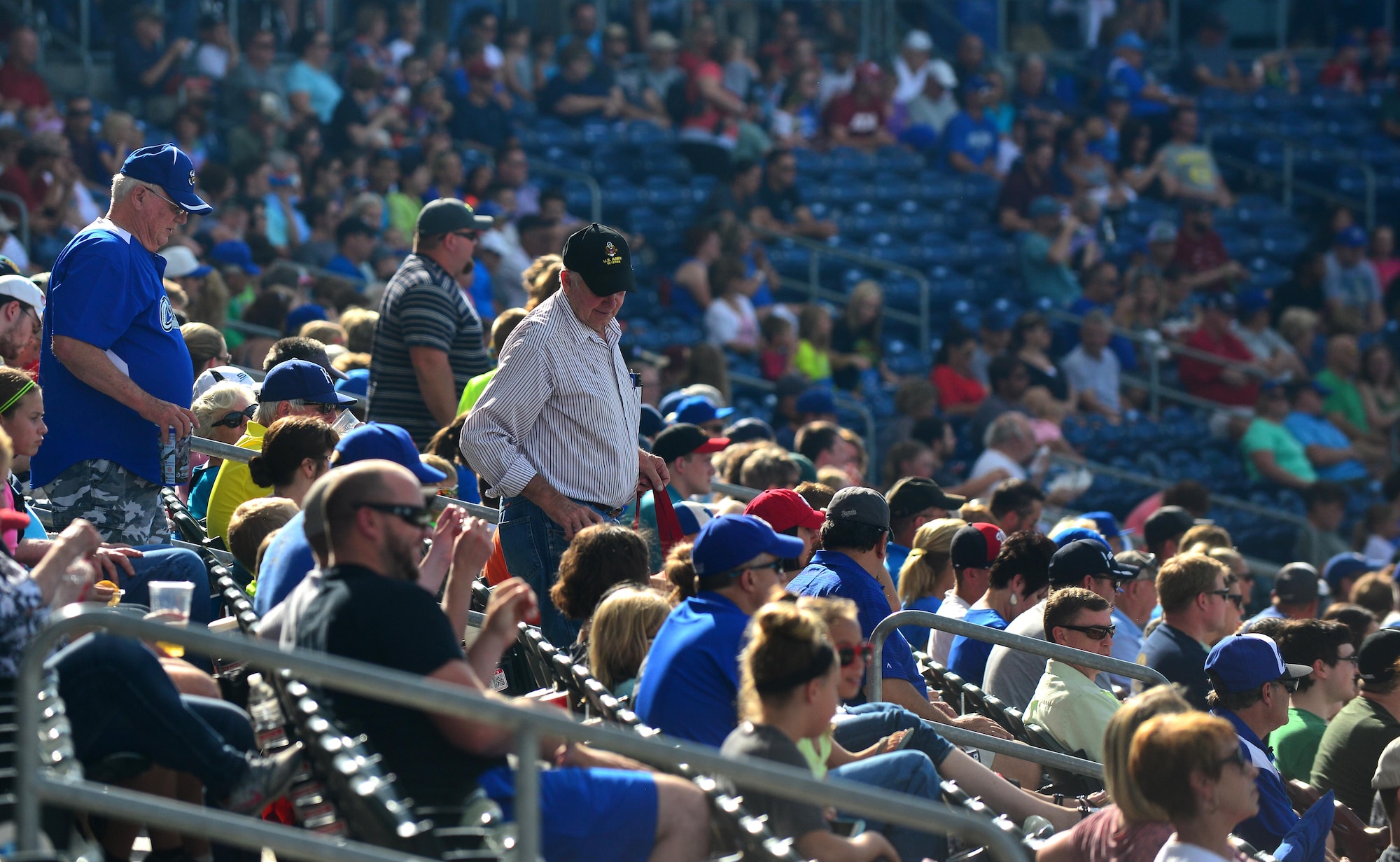 Active-duty members and veterans attend an Omaha Storm Chasers game at Werner Park in Papillion, Nebraska on Aug. 7 as part of a special military appreciation night.  The Storm Chasers baseball team is the Triple-A affiliate of the Kansas City Royals.  (U.S. Air Force photo by Josh Plueger)