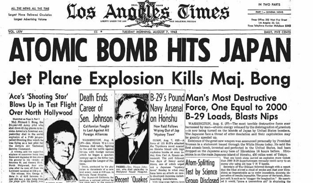 Los Angeles Times front page from Aug. 7, 1945, including the story on the death of Richard Bong. (Courtesy of the 92nd Air Refueling Wing Historian Office)