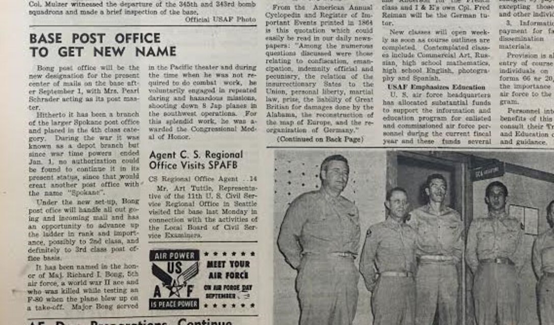 Spokane Bomber Views news clipping from Aug. 27, 1948, detailing the renaming of the post office on what is now Fairchild Air Force Base, Wash. (Courtesy of the 92nd Air Refueling Wing Historian Office)