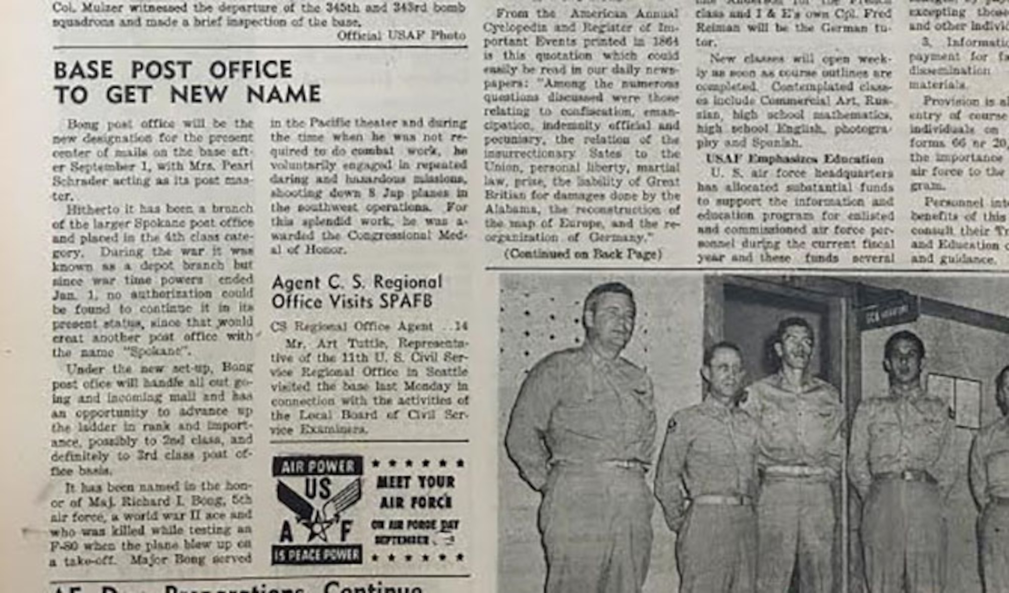 Clipping from Spokane Bomber Views' front page from Aug. 27, 1948, including the story about the renaming of the post office on what is now Fairchild Air Force Base, Wash. (Courtesy of the 92nd Air Refueling Wing Historian Office)