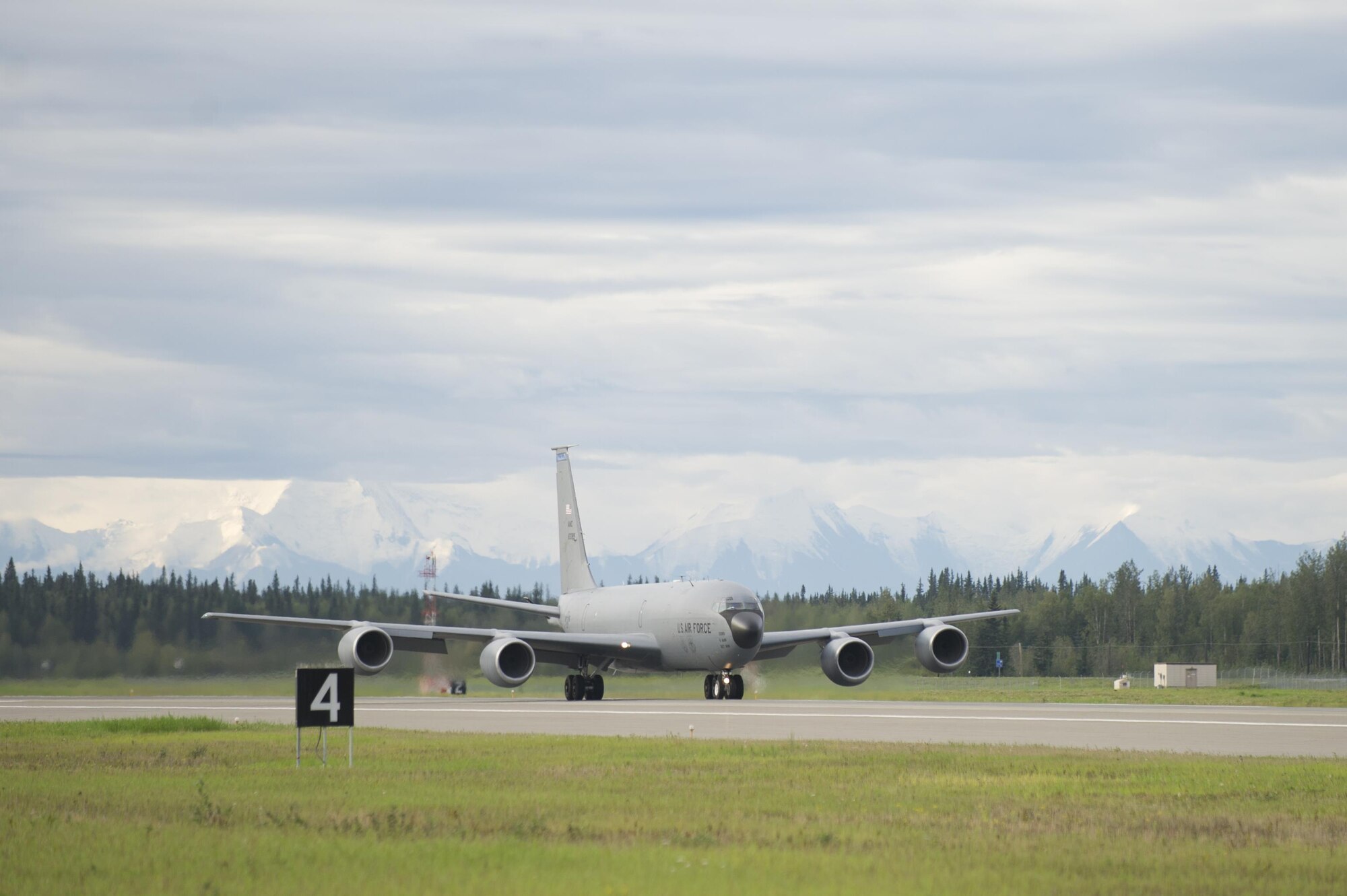 A U.S. Air Force KC-135 Stratotanker aerial refueling aircraft assigned to the 91st Air Refueling Squadron, MacDill Air Force Base, Fla., prepares to launch for a morning sortie Aug. 8, 2016, during RED FLAG-Alaska (RF-A) 16-3 at Eielson Air Force Base, Alaska. The Stratotanker provides core aerial refueling support to Air Force, Navy and allied nation aircraft during RF-A 16-3, a Pacific Air Forces commander-directed exercise that provides realistic combat training to participants. (U.S. Air Force photo by Airman Isaac Johnson)