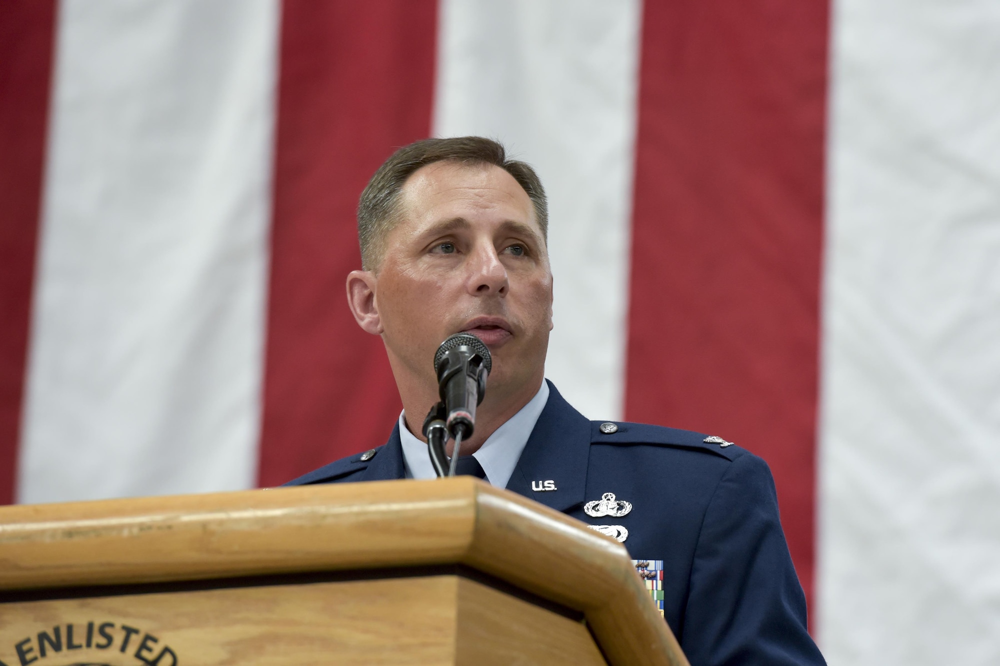 Col. Scott Maskery, 374th Mission Support Group commander, gives his final speech during a change of command ceremony at Yokota Air Base, Japan, Aug. 8, 2016. Maskery spoke about the pride he has for the men and women of the 374 MSG and everything accomplished in his two years as their commander. (U.S. Air Force photo by Machiko Imai/Released) 