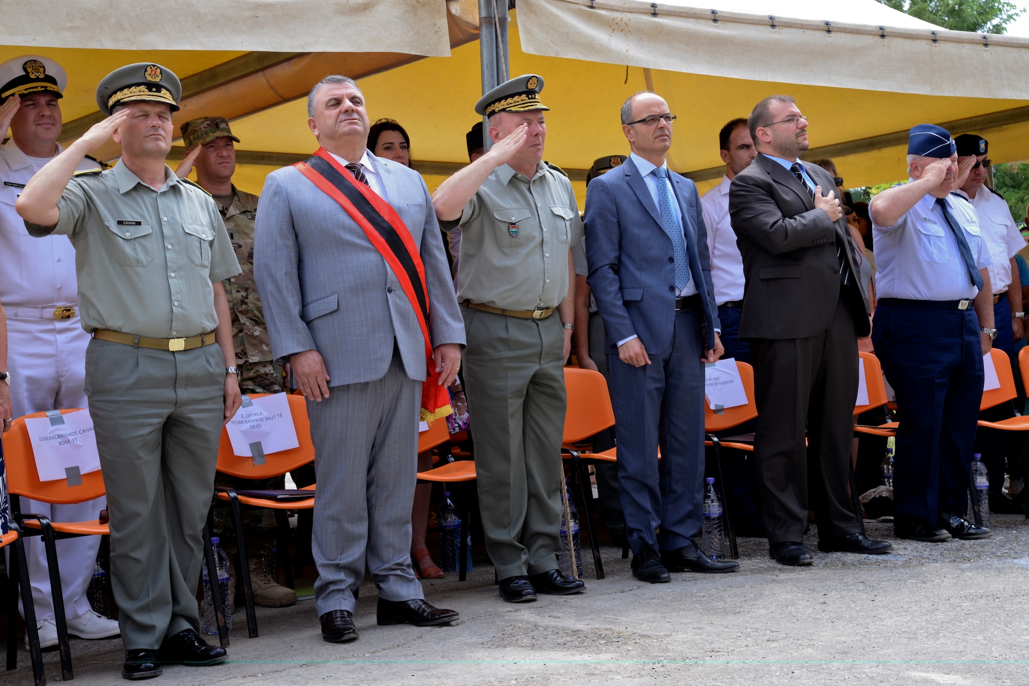 A picture of Civil Engineers from the New Jersey Air National Guard, members of the U.S. Army's 457th Civil Affairs Battalion and unit members of the Albanian Army land forces posing for a group photo.