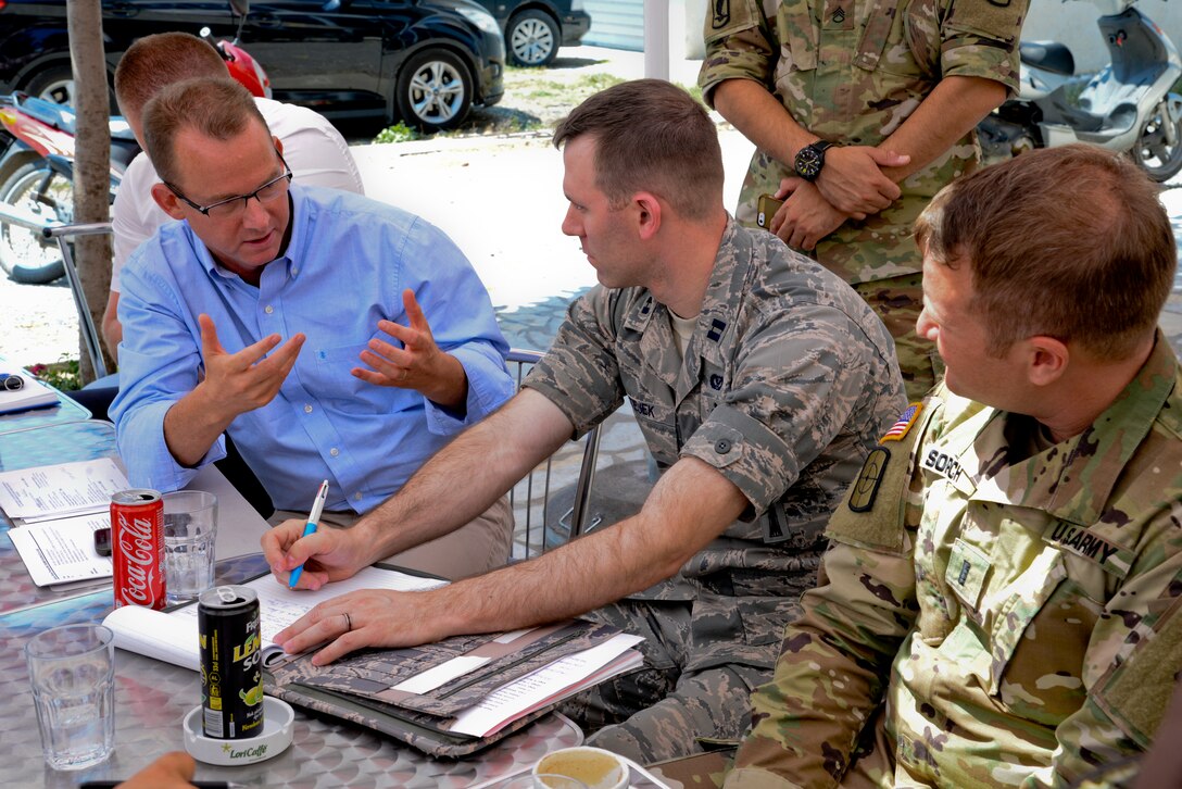 From left, U.S. Army Maj. Richard Karcher, Bilateral Affairs Officer with the Albanian Office of Defense Cooperation, U.S. Air Force Capt. Andrew Matejek, 177th Fighter Wing Civil Engineer and U.S. Army 1st Lt. John Sorich, 457th Civil Affairs Battalion, discuss Humanitarian and Civic Assistance renovation plans and projects being completed during the 177th FW unit's deployment for training to Vau i Dejës, Albania on July 7, 2016. The 177th Fighter Wing civil engineers’ planned projects include plumbing, electrical, ceramic tile, roofing, and door and frame maintenance and installations at a local medical clinic and a school in the nearby municipality of Mjede. New Jersey and Albania are paired under the National Guard's State Partnership Program and are a proven partnership built upon shared values, experiences and vision. (U.S. Air National Guard photo by Master Sgt. Andrew J. Moseley/Released)