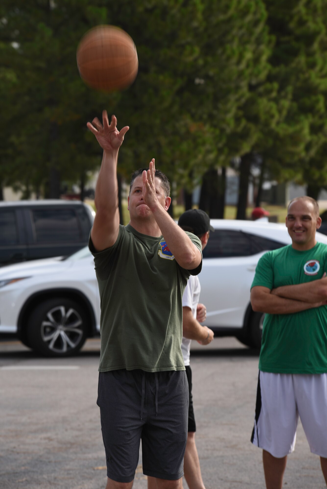 Members of the 188th Wing participate in the Wingman Olympics August 8, 2016, at Ebbing Air National Guard Base, Fort Smith, Ark. The Wingman Olympics is an event dedicated to promoting resiliency, team building and esprit de corps and encourages physical, spiritual and emotional well-being through team events and activities. This year’s Wingman Olympics included a 1.5 mile run, a casting contest, free throw contest, horseshoes and bean bag toss, a 1 mile sprint relay and a volleyball tournament. (U.S. Air National Guard photo by Capt. Holli Nelson)
