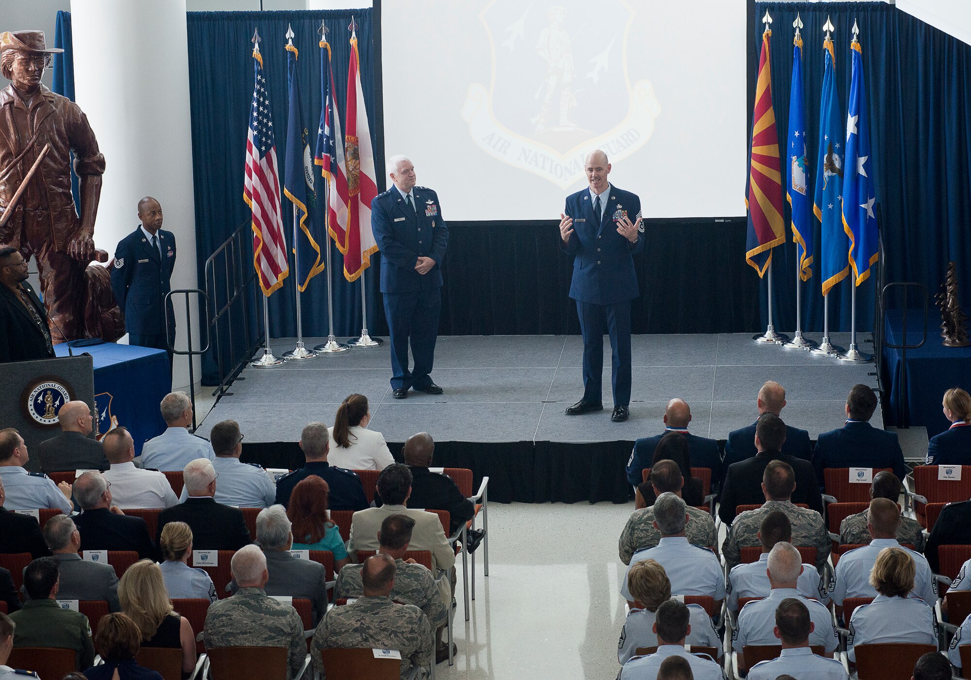 Chief Master Sgt. Ronald C. Anderson, the 12th command chief master sergeant for the Air National Guard, speaks during an all-call honoring the ANG's 2016 Outstanding Airmen of the Year at the Air National Guard Readiness Center on Joint Base Andrews, Md., August 4, 2016. The ceremony is the culmination of the ANG's Focus on the Force Week, a series of events highlighting the importance of professional development at all levels, and the recognition of accomplishments throughout the enlisted corps. The OAY winners are Staff Sgt. Jennifer Masters, Airman of the Year; Tech. Sgt. Nicholas Jewell, Non-Commissioned Officer of the Year; Senior Master Sgt. Mark Farmer, Senior Non-Commissioned Officer of the Year; and Senior Master Sgt. Jack Minaya, First Sergeant of the Year. (U.S. Air National Guard photo by Staff Sgt. John Hillier) 