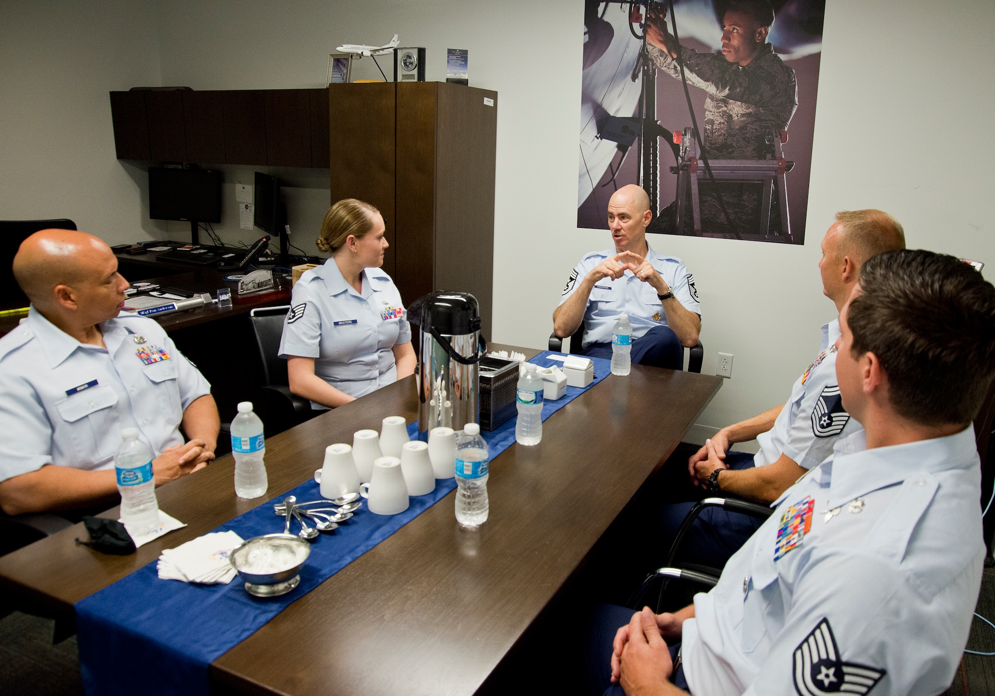 Air National Guard Command Chief Master Sergeant Ronald C. Anderson meets with the ANG's 2016 Outstanding Airmen of the Year during Focus on the Force Week at the Air National Guard Readiness Center on Joint Base Andrews, Md., August 4, 2016. The event is part of the ANG's Focus on the Force Week, a series of events highlighting the importance of professional development at all levels, and the recognition of accomplishments throughout the enlisted corps. The OAY winners are Staff Sgt. Jennifer Masters, Airman of the Year; Tech. Sgt. Nicholas Jewell, Non-Commissioned Officer of the Year; Senior Master Sgt. Mark Farmer, Senior Non-Commissioned Officer of the Year; and Senior Master Sgt. Jack Minaya, First Sergeant of the Year. (U.S. Air National Guard photo by Staff Sgt. John Hillier)
