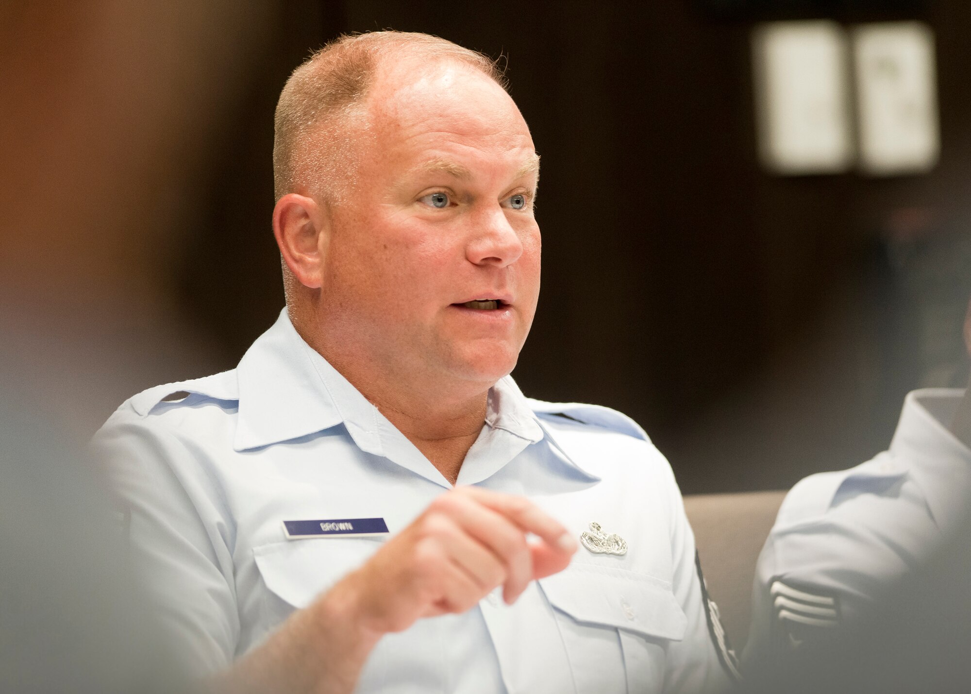 Chief Master Sgt. James Brown, senior enlisted leader for the Kansas National Guard and Enlisted Field Advisory Council president, responds to a question during the Focus on the Force Week’s EFAC panel discussion. Focus on the Force Week is a series of events highlighting the importance of professional development for Airmen at all levels, the recognition of accomplishments throughout the enlisted corps and the ANG Outstanding Airmen of the Year. U.S. Air National Guard photo by Master Sgt. Marvin R. Preston)