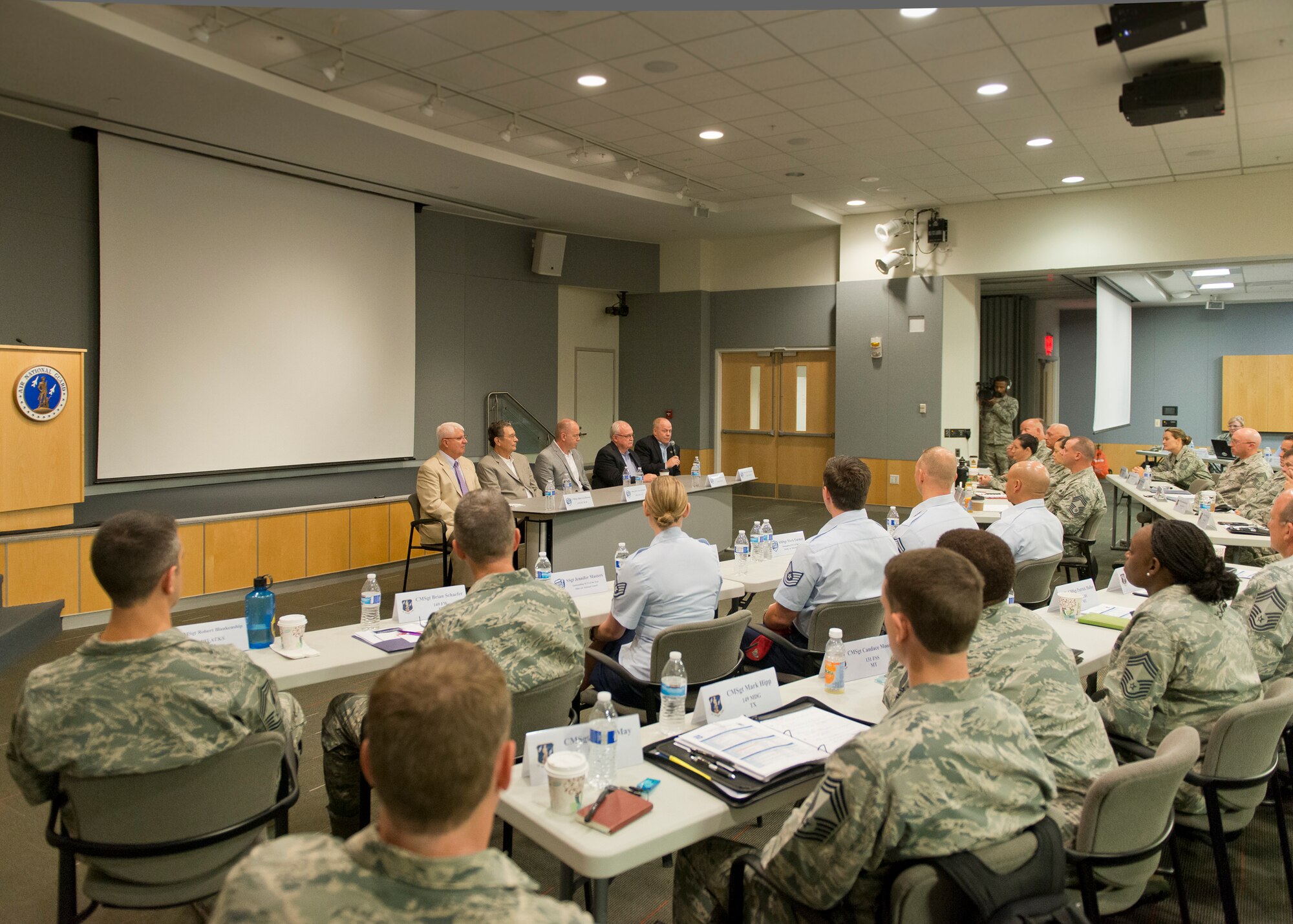 Past Command Chief Master Sergeants of the Air National Guard deliver remarks during the Focus on the Force Week’s “Former’s Panel.” Focus on the Force Week is a series of events highlighting the importance of professional development for Airmen at all levels, and the recognition of accomplishments throughout the enlisted corps. (U.S. Air National Guard photo by Master Sgt. Marvin R. Preston)