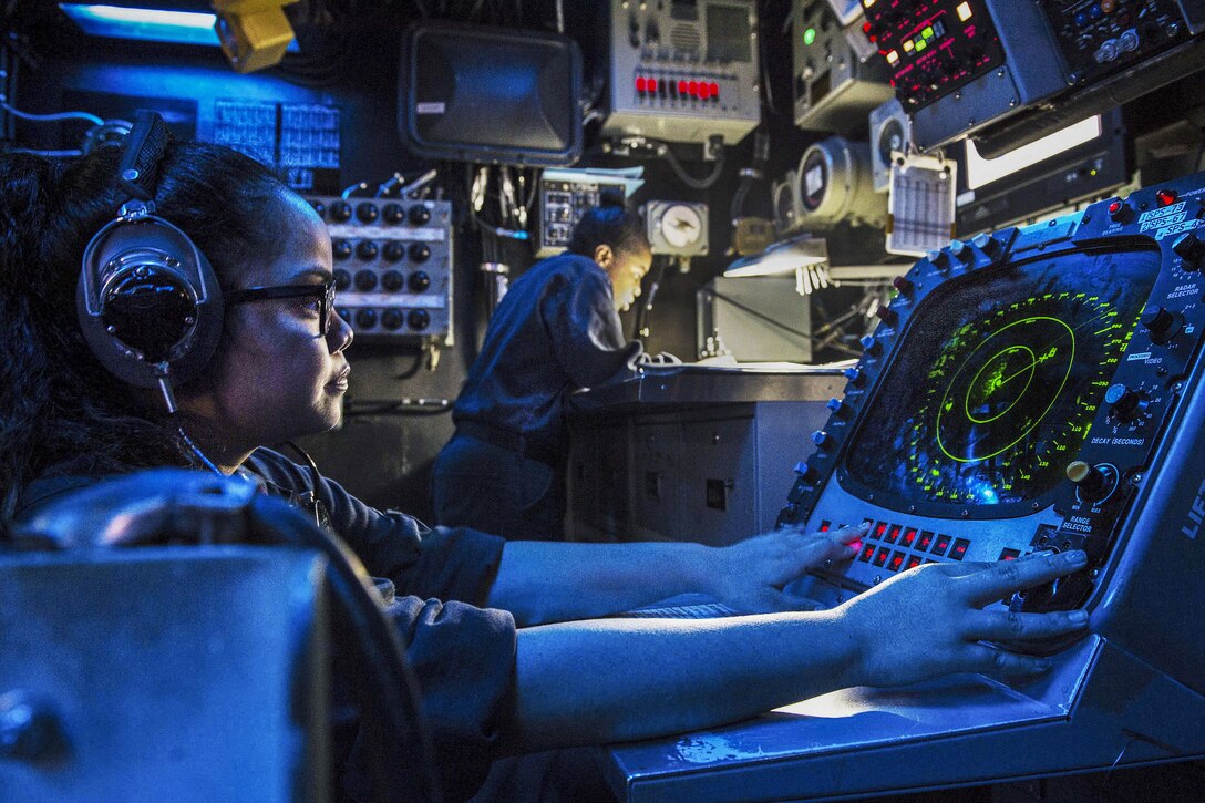 Navy Petty Officer 3rd Class Bryanna Artellano stands watch in the combat information center on the dock landing ship USS Harpers Ferry in the South China Sea, Aug. 4, 2016. The ship, with embarked 13th Marine Expeditionary Unit, is operating in the U.S. 7th Fleet area of operation to support security in the Indo-Asia-Pacific region. Navy photo by Petty Officer 3rd Class Zachary Eshleman