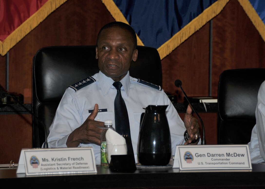 Air Force Gen. Darren W. McDew, the commander of USTRANSCOM, addresses board members.
