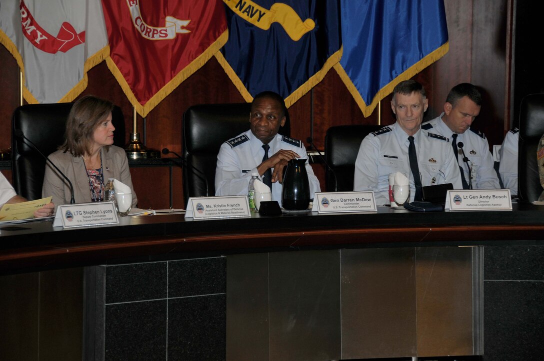 From left: Principal Deputy Assistant Secretary of Defense for Logistics and Materiel Readiness Kristin French; USTRANSCOM Commander Air Force Gen. Darren W. McDew; and DLA Director Air Force Lt. Gen. Andy Busch discuss issues with DPO executive board members. 