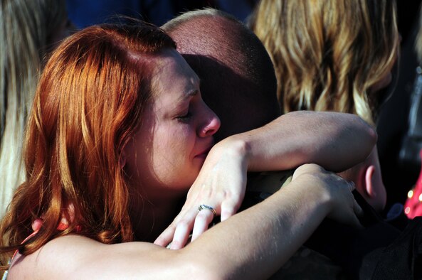 FORT WORTH, Texas (August 8th, 2016) A 301st Fighter Wing Airman greets his fiancée Aug. 8 at Naval Air Station Fort Worth Joint Reserve Base during the 301st Fighter Wing Homecoming from Operation Freedom’s Sentinel.  Operation Freedom's Sentinel aims to maintain security and stability in Afghanistan.  (U.S. Navy photo by Mass Communication Specialist 2nd Class Jason Howard/Released)