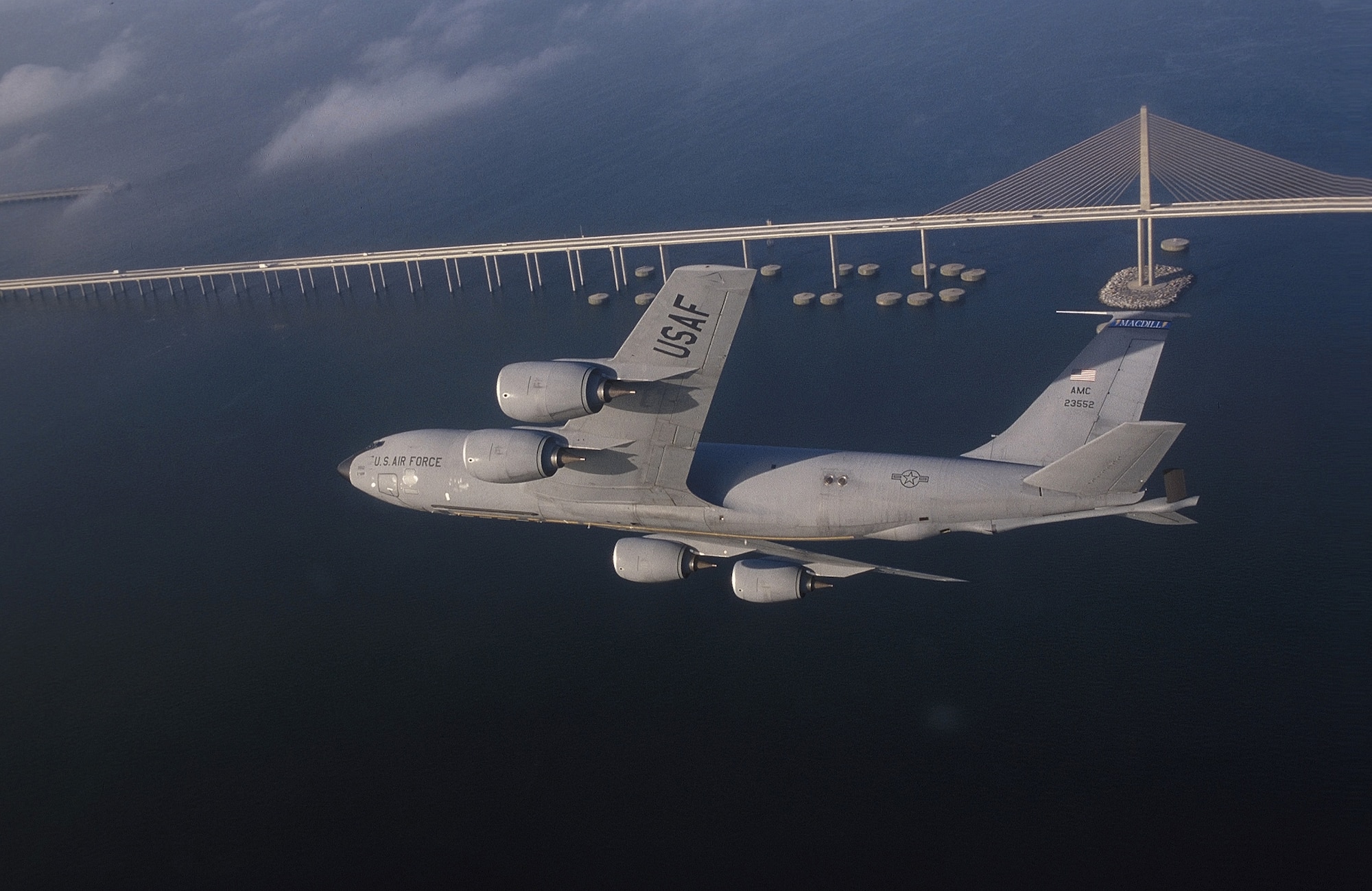 A KC-135R Stratotanker assigned to the 6th Air Refueling Wing, 91st Air Refueling Squadron, at MacDill Air Force Base, Fla., flies a training mission over central Florida. The KC-135's principal mission is air refueling while four turbofans, mounted under 35-degree swept wings, power the KC-135 to takeoffs at gross weights up to 322,500 pounds. (U.S. Air Force photo by Master Sgt Keith Reed) 

