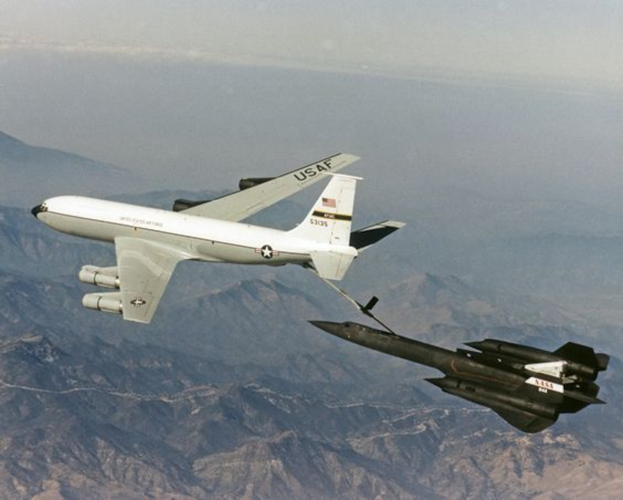 A KC-135 Stratotanker refuels a SR-71 Blackbird at an unknown location. The KC-135 has been in the Air Force’s inventory since 1957, serving in many of our nation’s conflicts and supporting the Air Force's Intelligence Surveillance and Reconnaissance mission, over the past six decades. (Courtesy photo)
