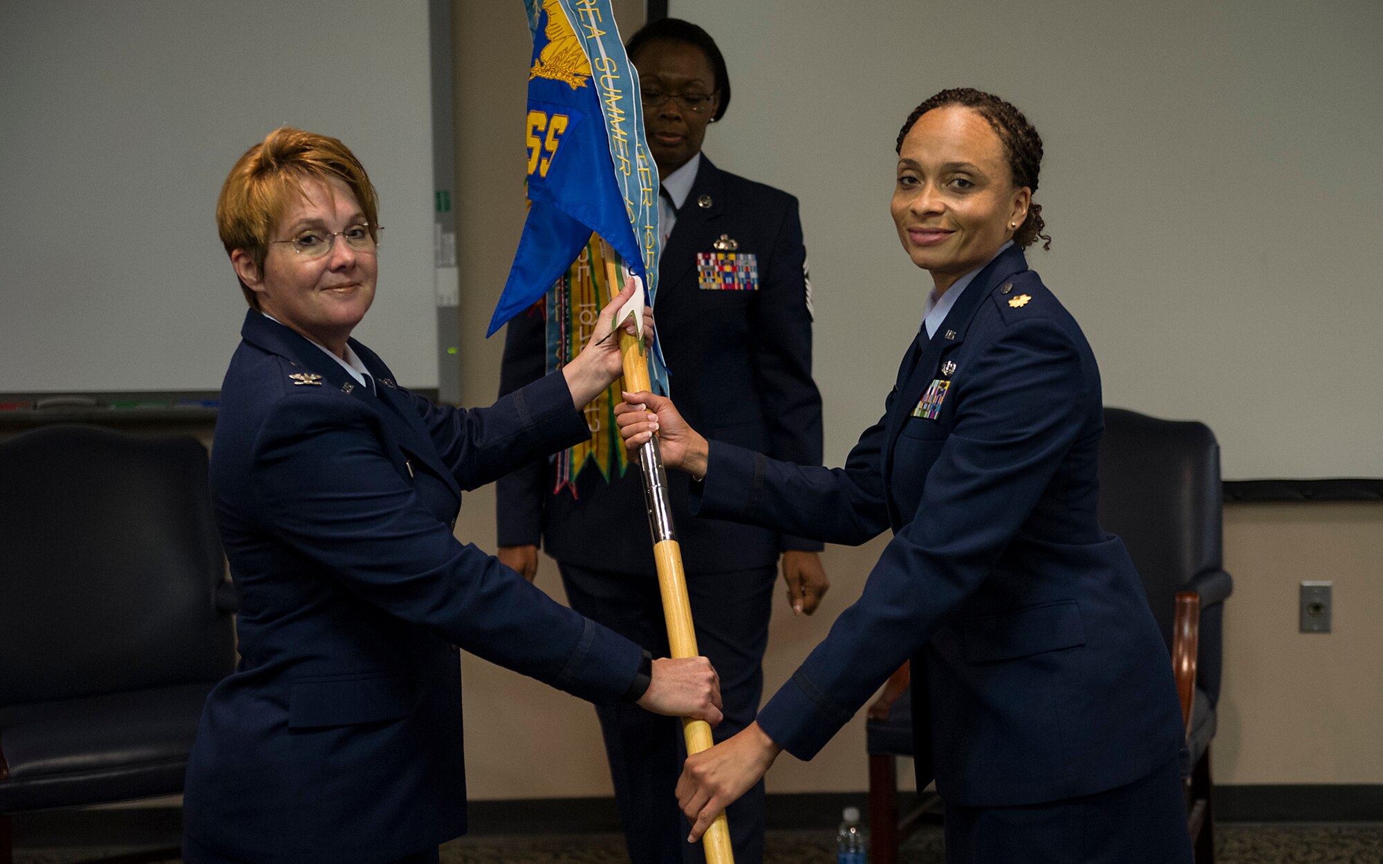Maj. Melissa Riddick assumed command of the 315th Force Support Squadron in the Yonkie Auditorium at  Joint Base Charleston, South Carolina Aug. 7. Riddick recently completed tha Marine Command and Staff College at Marine Corps Base Quantico, Virginia.  Prior to that she served as a flight commander for the 567th RED HORSE Squadron at Seymour Johnson Air Force Base, North Carolina. Col. Cherie Roff, 315th Mission Support Group commander, presided over the ceremony. (U.S. Air Force photo by Senior Airman Jonathan Lane)

