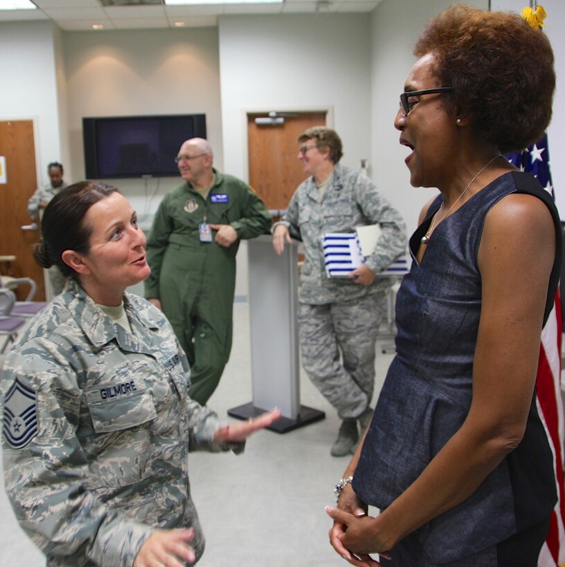At left, Senior Master Sgt. Barbara Gilmore, 932nd Medical Squadron, talks about a fun memory she had of her time working with the retiring commander of the 932nd Medical Group, Col. Vanessa Mattox.  She bid farewell to the wing and was presented many gifts of thanks on her last day in Illinois, August 7, 2016.  (U.S. Air Force photo by Maj. Stan Paregien)