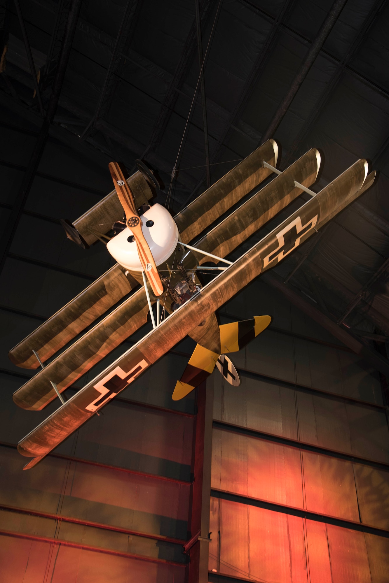 Fokker Dr. I in the Early Years Gallery at the National Museum of the United States Air Force. The Fokker Dr. I triplane reproduction on display is painted to represent the aircraft flown by Lt. Arthur Rahn in April 1918 when he served with Jagdstaffel 19. Lt. Rahn is credited with six confirmed victories. The aircraft was placed on display in April 1994.(U.S. Air Force photo by Ken LaRock)