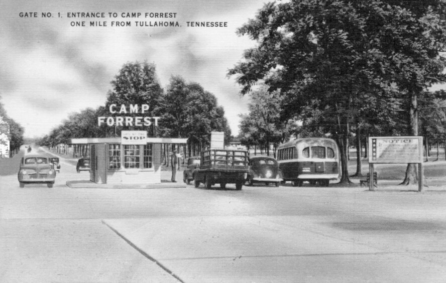 Cars pass through the entrance to what was Camp Forrest. The gate was located at what is now William Northern Boulevard in Tullahoma. (Courtesy photo)