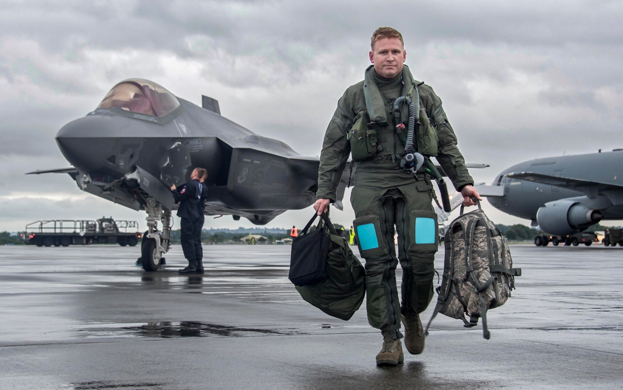 Maj. Daniel Daehler, 944th Operations Group Det. 2, F-35 instructor pilot, walks off the flightline at Royal Air Force Fairford, England, after flying a F-35 Lightning II from Luke Air Force Base, Arizona, to RAF Fairford making it his first trans-Atlantic flight and the first U.S. Air Force F-35 trans-Atlantic flight. The trip to the United Kingdom was in support of the Royal International Air Tattoo at Fairford in southern England. The group from Luke flew three F-35’s to the air show allowing the crowds to witness an aerial performance and were able to get up close to the aircraft with a static display. (U.S. Air Force photo by Tech. Sgt. Jarad Denton)