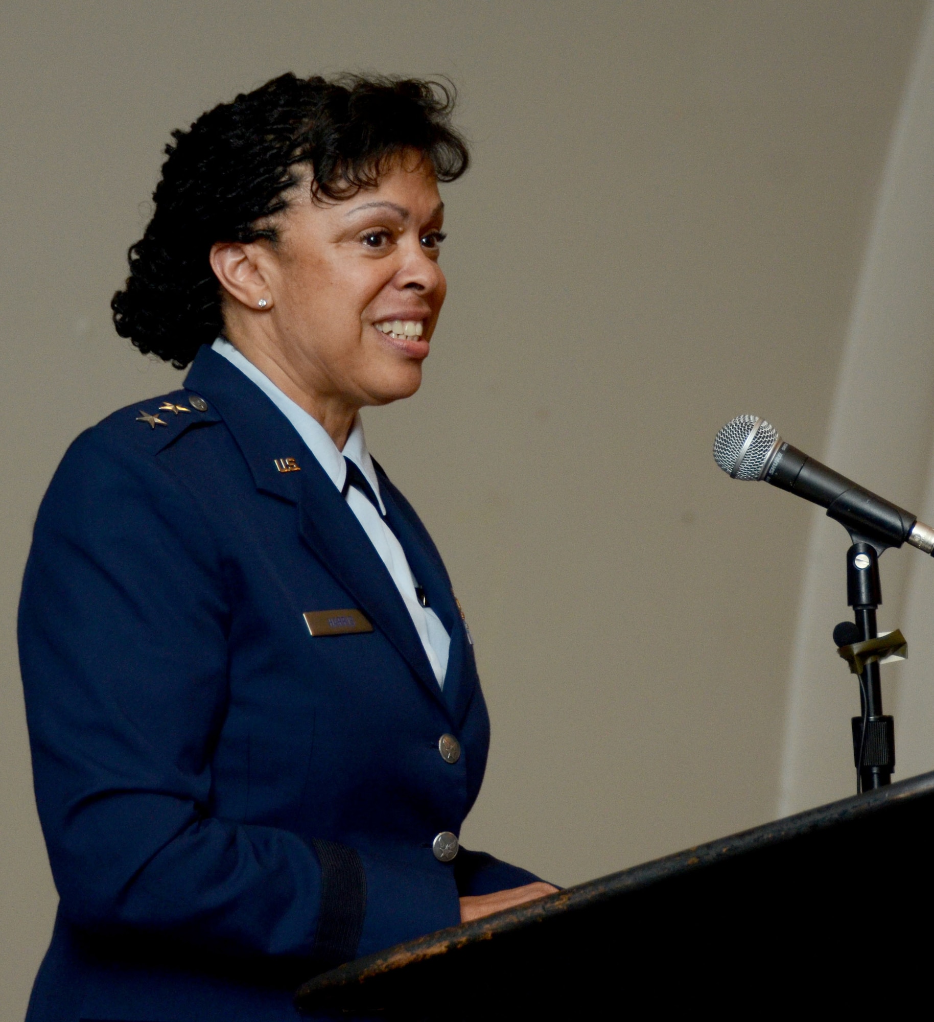 Maj. Gen. Stayce Harris, former 22nd Air Force commander, speaks to speaks to guests at a change of command ceremony in Atlanta, Ga., on Aug. 8, 2016. Harris relinquished command of the 22nd Air Force to Maj. Gen. John Stokes. (U.S. Air Force photo/ Don Peek)