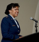 Maj. Gen. Stayce Harris, former 22nd Air Force commander, speaks to speaks to guests at a change of command ceremony in Atlanta, Ga., on Aug. 8, 2016. Harris relinquished command of the 22nd Air Force to Maj. Gen. John Stokes. (U.S. Air Force photo/ Don Peek)