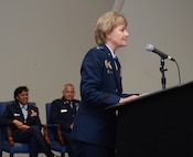 Lt. Gen. Maryanne Miller, Chief of Air Force Reserve, Commander Air Force Reserve Command, highlights former 22nd Air Force commander Maj. Gen. Stayce Harris’ distinguished career, and thanks her for her commitment to the Airmen of the 22 AF for the past two years during the a change of command ceremony in Atlanta, Ga., on Aug. 8, 2016. Harris relinquished command of the 22nd Air Force to Maj. Gen. John Stokes. (U.S. Air Force photo/Don Peek)