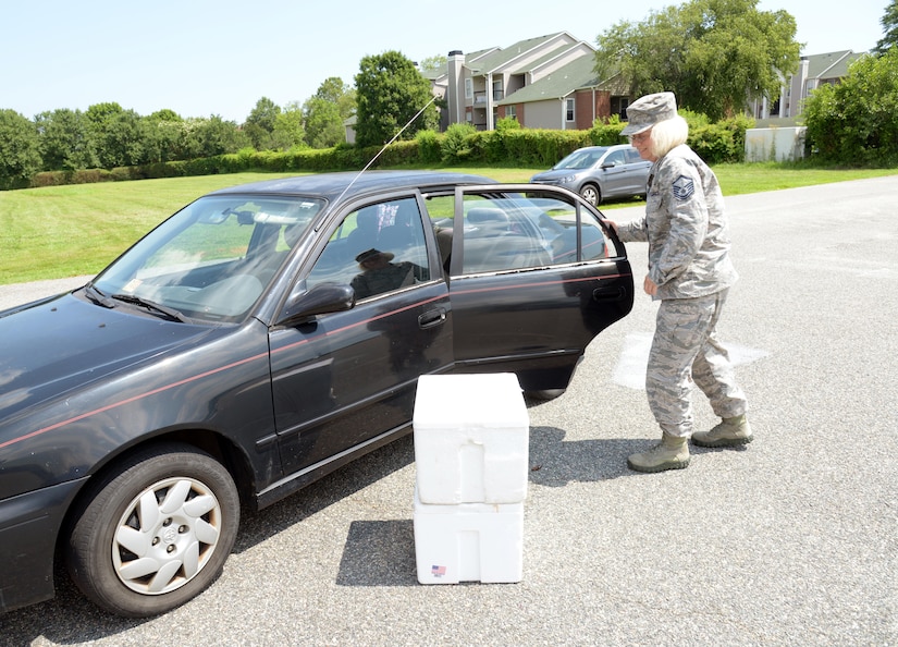 U.S. Air Force Master Sgt. Amy Lynch, Heritage of America Band regional band craftsman loads up her vehicle with hot meals for her weekly “Meals on Wheels” delivery at Hampton, Va., on July 28, 2016. Lynch has been volunteering with “Meals on Wheels” for the past three years.(U.S. Air Force photo by Tetaun Moffett)