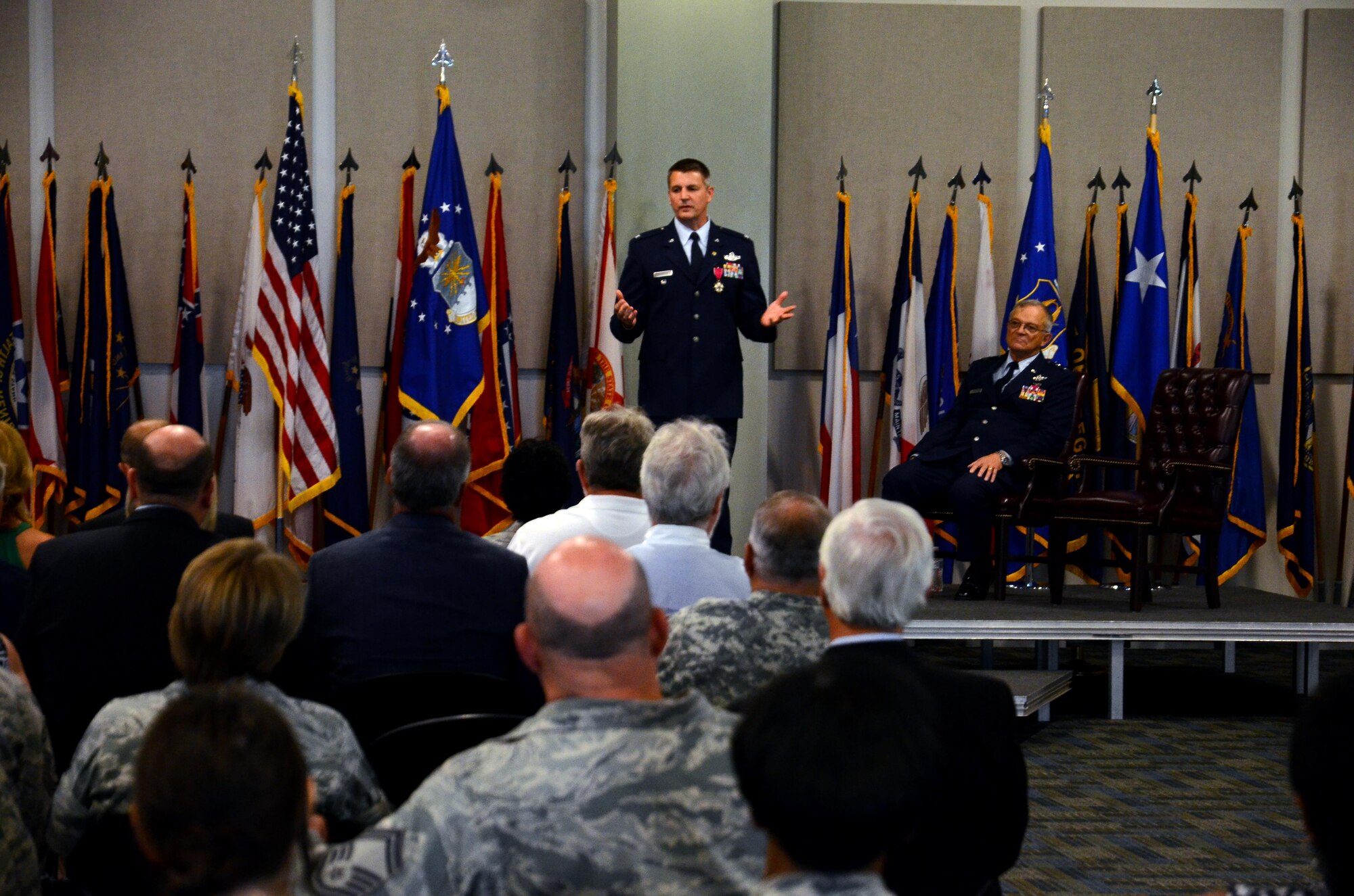 Col. Heath J. Nuckolls, 22nd Air Force director of operations and readiness, thanks guests for all they have done during his retirement ceremony at Dobbins Air Reserve Base, Ga., on Aug. 6, 2016. After 34 years of service, Nuckolls retired from the U.S. Air Force during a ceremony at the Lucius D. Clay National Guard Center drill hall. (U. S. Air Force photo/Staff Sgt. Daniel Phelps)