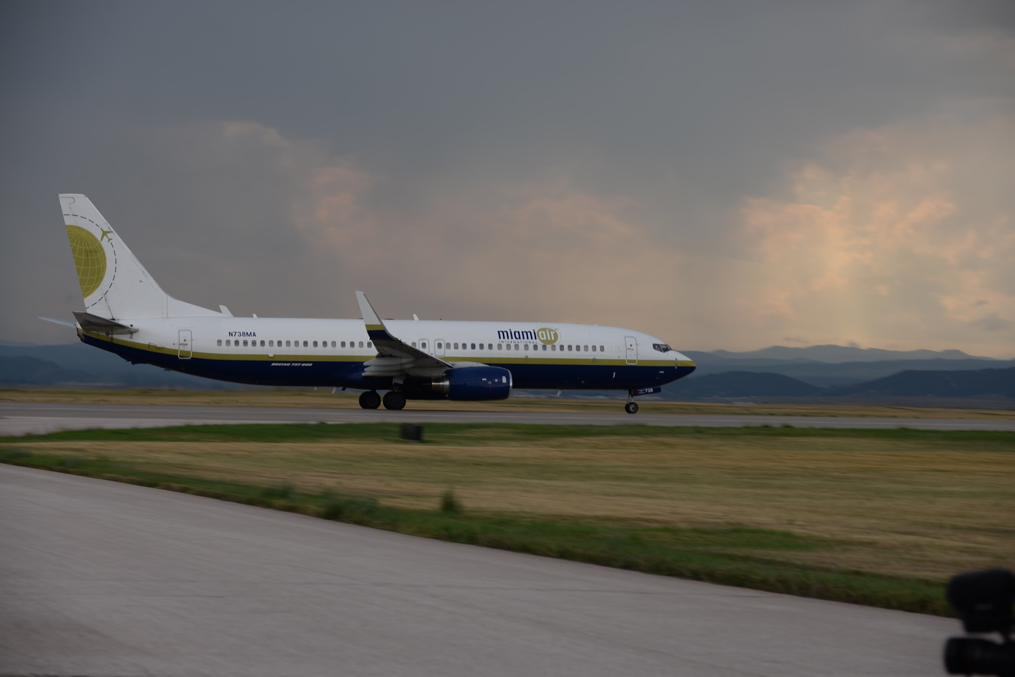 A Boeing 737 aircraft takes off from Ellsworth Air Force Base (AFB), S.D., Aug. 1, 2016. More than 300 Airmen from the 28th Bomb Wing have deployed to Andersen AFB, Guam, to provide assurance and global deterrence for U.S. allies in the Pacific. (U.S. Air Force photo by Airman 1st Class Sadie Colbert)