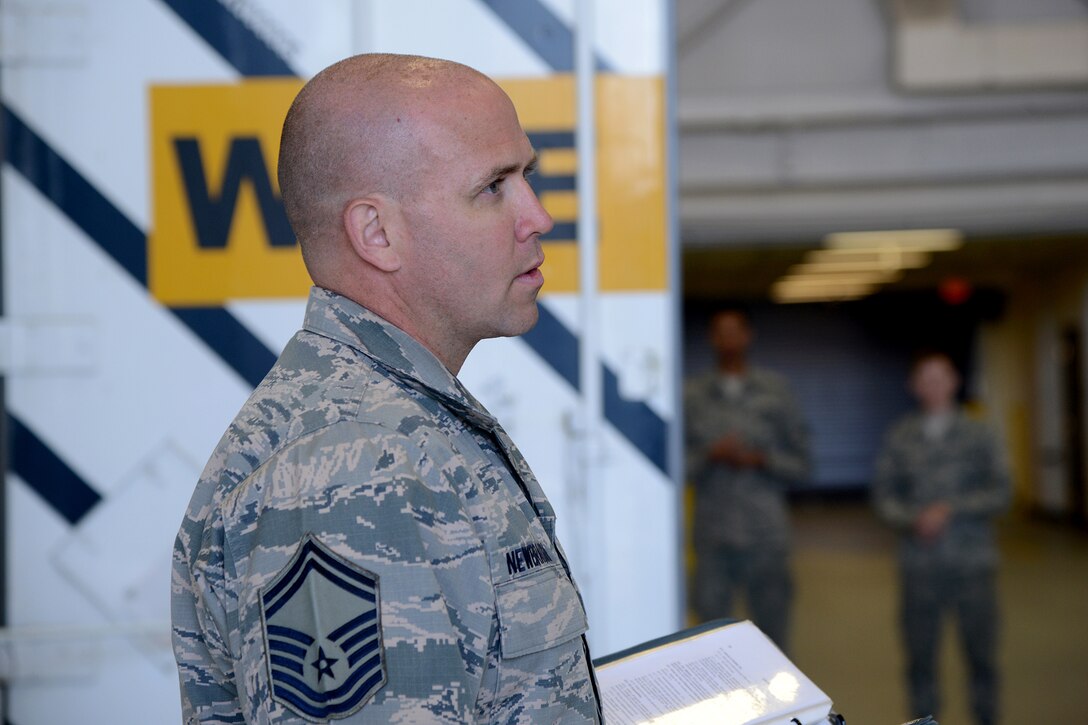 Senior Master Sgt. Brian Newbraugh, 341st Maintenance Group superintendent of quality assurance, performs an evaluator proficiency evaluation Aug. 5, 2016, at Malmstrom Air Force Base, Mont. Newbraugh assesses 26 evaluators in five different disciplines within the maintenance group. (U.S. Air Force photo/Staff Sgt. Delia Marchick)