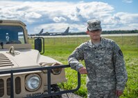 U.S. Army Spc. Angel Mendoza, 4th Space Company, 1st Battalion, 1st Space Brigade, assigned as a space aggressor operator to the 527th Space Aggressor Squadron, Schreiver Air Force Base, Colo., breaks from operating a GPS interference system Aug. 8, 2016, during RED FLAG-Alaska 16-3, at Eielson Air Force Base, Alaska. Mendoza is the first Soldier ever to integrate into the primarily U.S. Air Force mission of training joint and multilateral forces on GPS interference by enemy forces. (U.S. Air Force photo by Staff Sgt. Shawn Nickel)