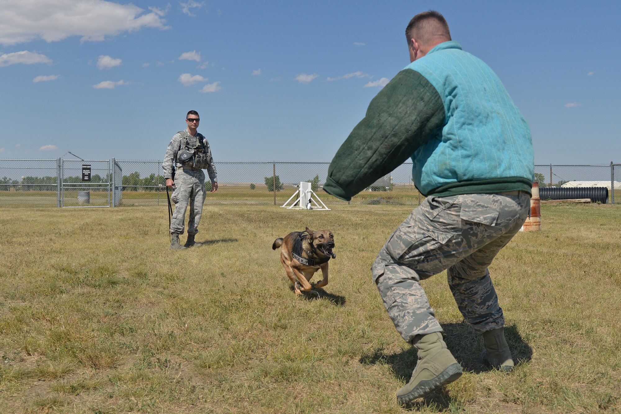 Staff Sgt. Jordan Caldwell, 341st Security Forces Squadron military working dog handler, and his K-9 Lady, train together Aug. 8, 2016, at Malmstrom Air Force Base, Mont. Caldwell said the training they conduct on base is a direct reflection of what could potentially be a real-world scenario. (U.S. Air Force photo/Airman 1st Class Daniel Brosam)