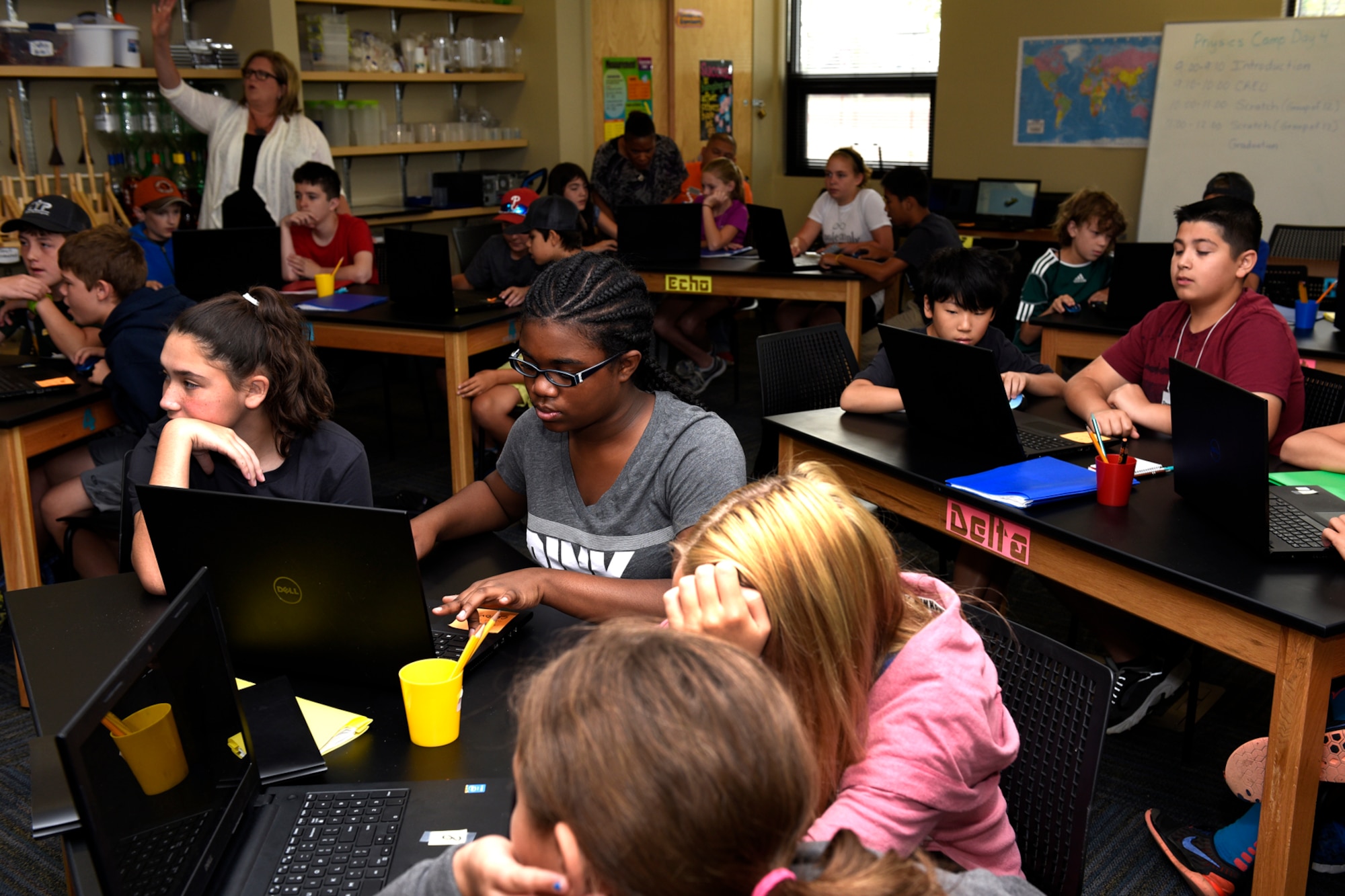 Students work on an engineering computer project at a STEM Camp at Peterson Air Force Base, Colo., Aug. 4, 2016. The camp taught the value of design thinking, building confidence with technology through problem solving and individual learning experiences (U.S. Air Force photo by Senior Airman Rose Gudex)