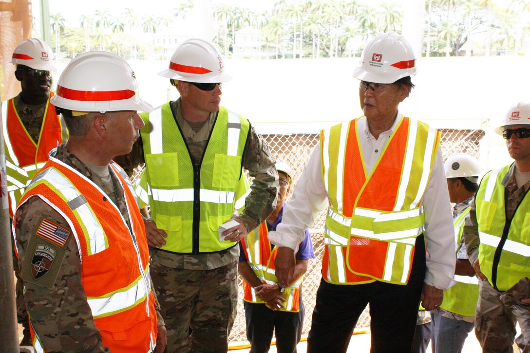 Honolulu District hosted site visits July 12 for the U.S. Army Corps of Engineers Commander Lt. Gen. Todd T. Semonite to our Bldg. 112 renovation (shown here) and USARPAC Mission Command Facility (MCF) at Fort Shafter.  Semonite was briefed on the historical significance of the building and renovation techniques being used to preserve the building.  Semonite was in Hawaii to preside over the Pacific Ocean Division Change of Command ceremony. 
