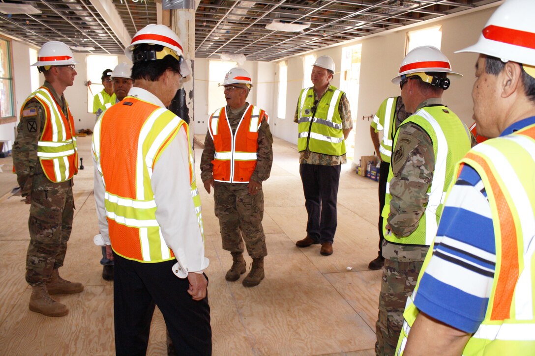 Honolulu District hosted site visits July 12 for the U.S. Army Corps of Engineers Commander Lt. Gen. Todd T. Semonite to our Bldg. 112 renovation (shown here) and USARPAC Mission Command Facility (MCF) at Fort Shafter.  Semonite was briefed on the historical significance of the building and renovation techniques being used to preserve the building.  Semonite was in Hawaii to preside over the Pacific Ocean Division Change of Command ceremony. 
