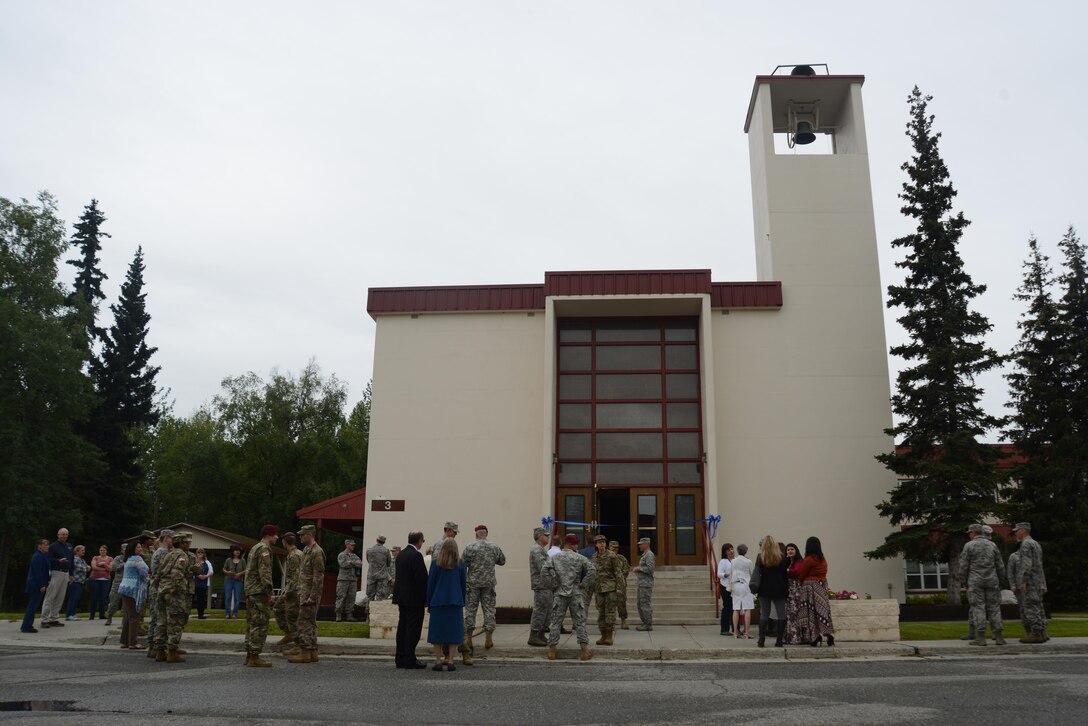 A crowd gathers for the reopening of the Arctic Warrior Chapel at Joint Base Elmendorf-Richardson, Alaska, Aug. 5, 2016. The renovations started in February to improve safety and upgrade the facility to support religious services and military functions. (U.S. Air Force photo by Airman 1st Class Christopher R. Morales)