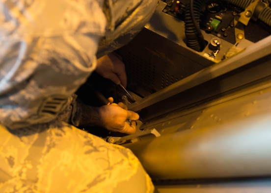 U.S. Air Force Staff Sgt. Shawn Layou, an aircrew egress systems craftsman assigned to the 8th Maintenance Squadron, Kunsan Air Base, Republic of Korea, bolts into place to secure an ejection seat in an F-16D Fighting Falcon aircraft Aug. 9, 2016, during RED FLAG-Alaska 16-3 at Eielson Air Force Base, Alaska. This exercise provides unique opportunities to integrate various forces into joint, coalition and multilateral training from simulated forward operating bases. (U.S. Air Force photo by Staff Sgt. Shawn Nickel)
