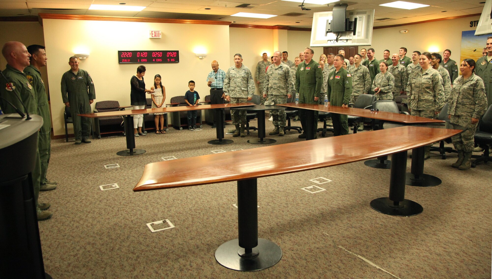 The Air Force song is sung during the 314th Air Refueling Assumption of command ceremony August 6, 2016 at Beale Air Force Base, California. Lt. Col. Rolland Tsui assumed command of the 314 ARS. (U.S. Air Force photo by Tech. Sgt. Kenneth McCann/Released)