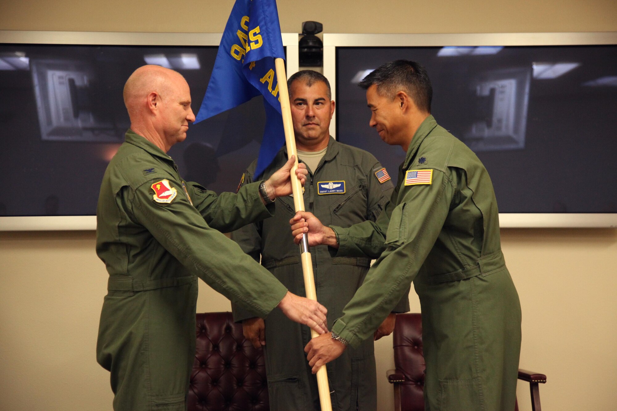Lt. Col Rolland Tsui assumes command of the 314th Air Refueling Squadron from Col. Richard Heaslip, Jr., 940th Operations Group commander and presiding officer August 6, 2016 at Beale Air Force Base, California. The 314th ARS provides air refueling for the Air Force with KC-135 Stratotankers. (U.S. Air Force photo by Tech. Sgt. Kenneth McCann/Released)