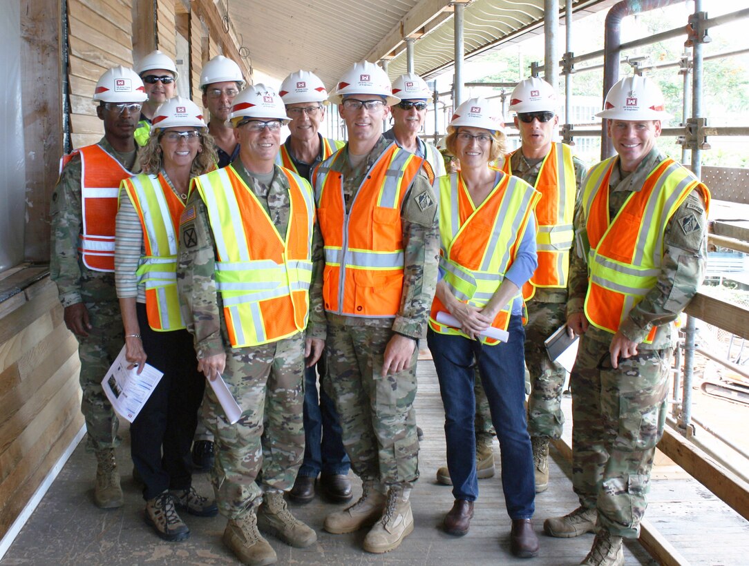 IMCOM Commander Lt. Gen. Kenneth Dahl (center left) visited our Bldg. T-112 Renovation July 15 and was briefed by Fort Shafter Area Office Deputy Area Engineer Capt. Tobias Apps (center right). Also present were IMCOM-Pacific Director Dr. Christine Altendorf (third from left), U.S. Army Garrison-Hawaii Directorate of Public Works Director Sally Pfenning, (third from right), and District Commander Lt. Col. James Hoyman (right). 