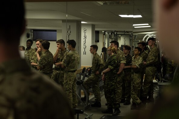 Members of Air Cadets, a United Kingdom-wide youth group sponsored by the Royal Air Force, received a guided tour of the 52nd Civil Engineer Squadron fire department’s gym during a visit to Spangdahlem Air Base, Germany, Aug. 9, 2016. Air Cadets receive opportunities to travel in Europe and abroad to many areas including military installations, museums and other various sites while aiming to develop qualities of leadership and good citizenship. (U.S. Air Force photo by Airman 1st Class Preston Cherry/Released)