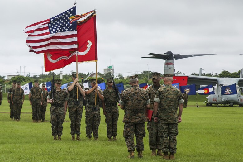 Sgt. Maj. James Roberts, off-going sergeant major of the 31st Marine Expeditionary Unit, receives awards at his retirement ceremony from Lt. Gen. Lawrence Nicholson, commanding general of III Marine Expeditionary Force, and the sergeant major of III MEF Sgt. Maj. Lee Bonar, Aug. 10, 2016 at Camp Hansen, Okinawa, Japan. Roberts retired after 30 years of service, completing his enlistment with a tour as sergeant major of the 31st MEU. The 31st MEU led several humanitarian assistance and disaster relief operations across the Pacific region, as well as various bilateral and multilateral exercises with Pacific partner nations, during Roberts’ tenure as the 31st MEU’s senior enlisted advisor. 