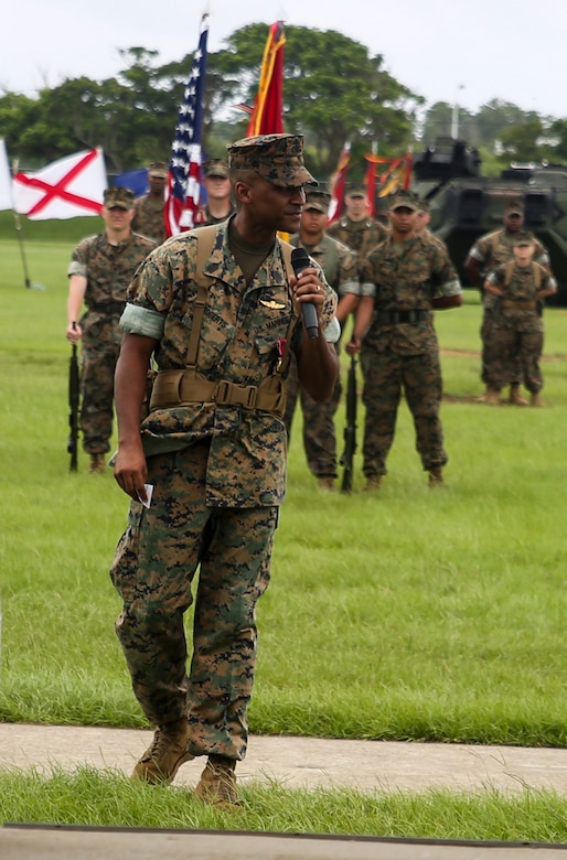 Sgt. Maj. James Roberts addresses the audience during his relief and appointment ceremony at Camp Hansen, Okinawa, Japan, Aug. 10, 2016. Roberts relinquished the sword of office to Sgt. Maj. Jim Lanham during the ceremony. Roberts retired after 30 years of service, ending his career as sergeant major of the 31st Marine Expeditionary Unit. The 31st MEU led several humanitarian assistance and disaster relief operations across the Pacific region, as well as various bilateral and multilateral exercises with Pacific partner nations, during Roberts’ tenure as the 31st MEU’s senior enlisted advisor. 