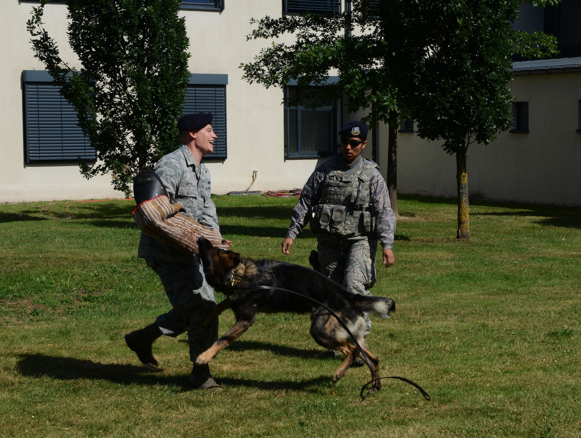 Staff Sgt. Ricky Leitzel, left, 86th Security Forces military working dog trainer, and Staff Sgt. Jessica Santana, 86th SFS MWD handler, conduct a K-9 demonstration Aug. 5, 2016, at Ramstein Air Base, Germany. The demonstration was part of a block party hosted by the Ramstein Enlisted Club for Department of Defense cardholders and their families. (U.S. Air Force photo/ Airman 1st Class Joshua Magbanua)